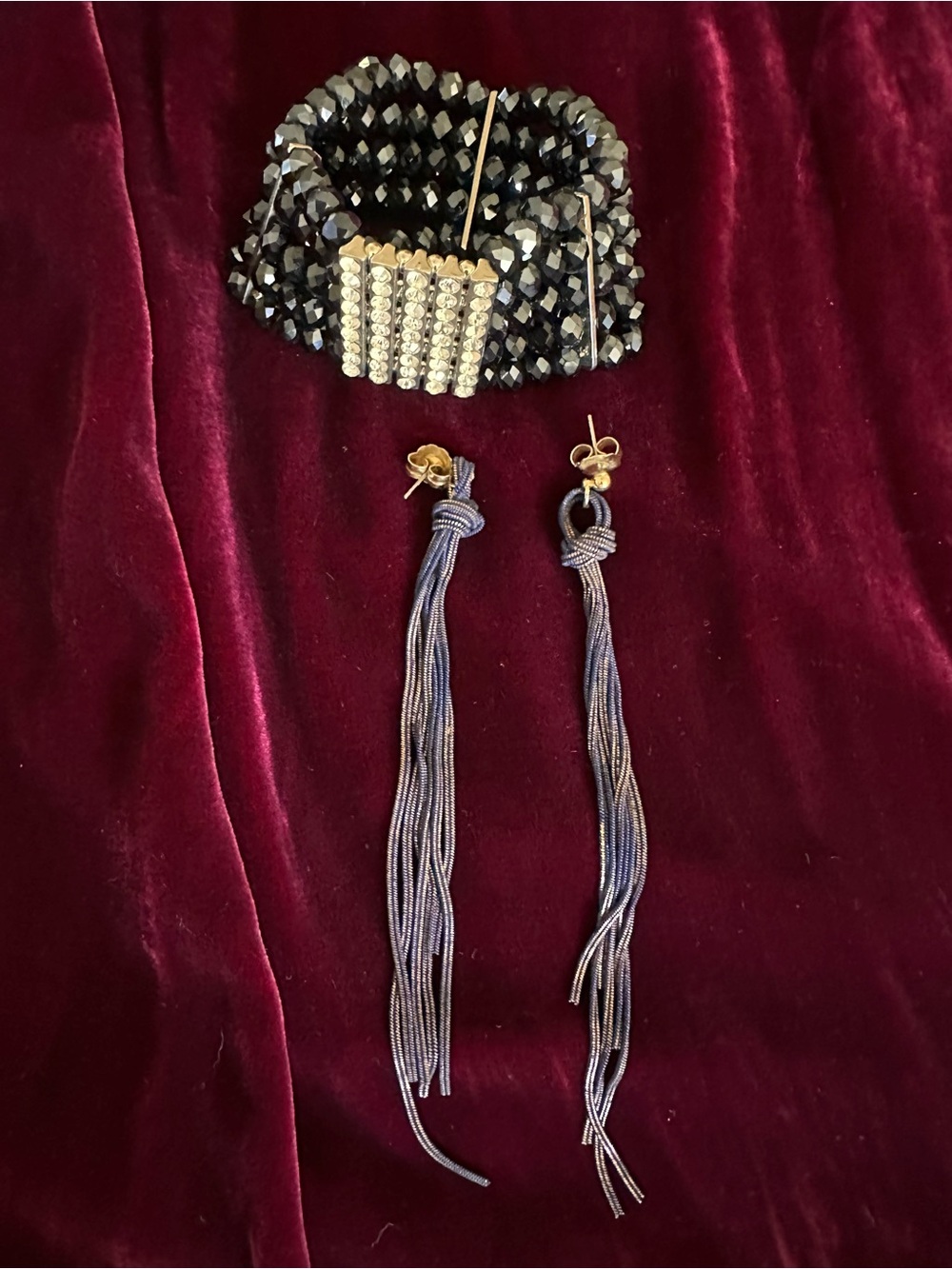 Navy Blue Beaded Bracelet with Rhinestone Accent & Long Navy Tassel Earrings